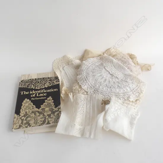 Assorted lace plus book. 'The identification of Lace' by Pat Earnshaw.
